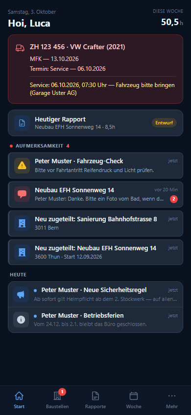 Startseite der Mitarbeiter-App